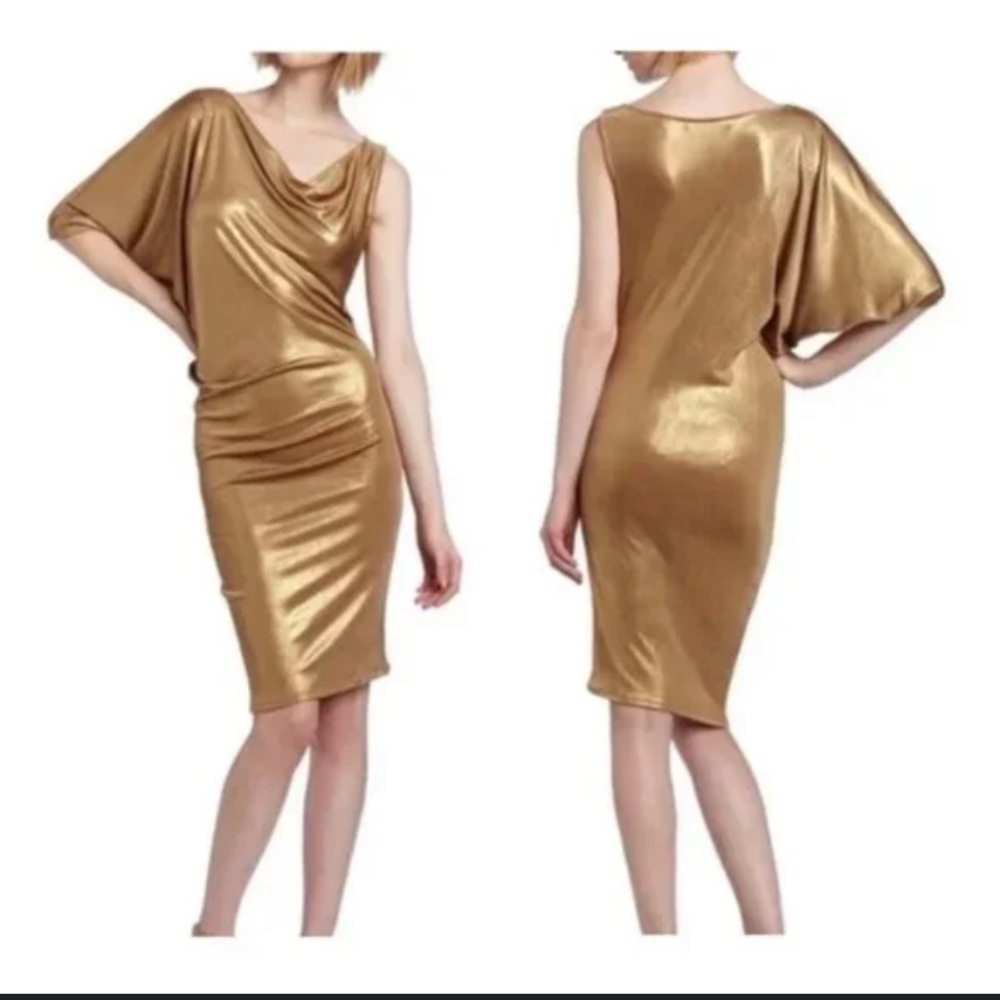 BCBGMaxAzria One-Shoulder Metallic Gold Cocktail Dress